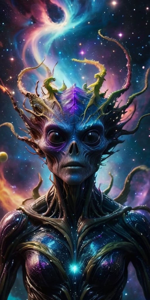 Amidst the cosmic backdrop of a distant star cluster,  a horrifying creature takes shape,  blending alien and monstrous fe...