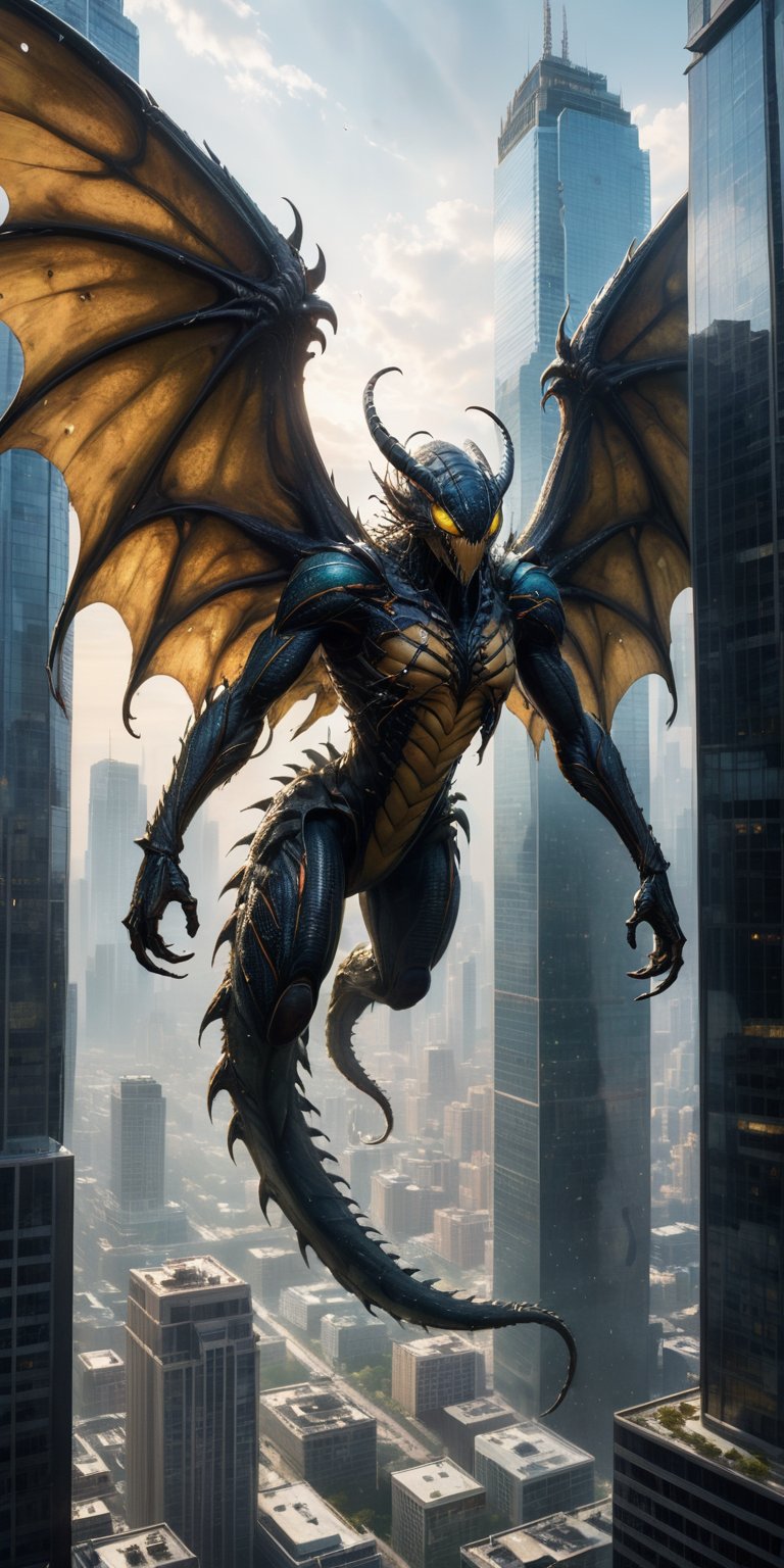 A colossal monstrosity with razor-sharp claws and insectoid wings tears through a skyscraper,  its serpentine body pulsati...
