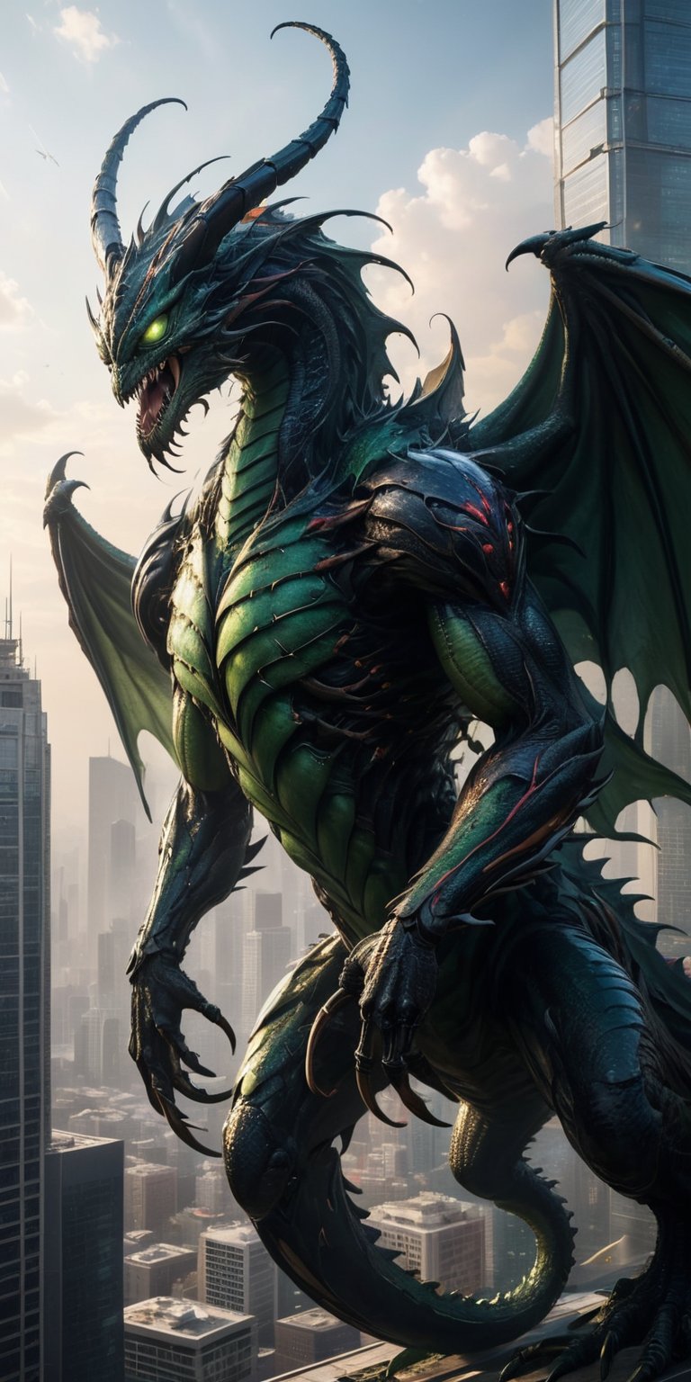 A colossal monstrosity with razor-sharp claws and insectoid wings tears through a skyscraper,  its serpentine body pulsati...