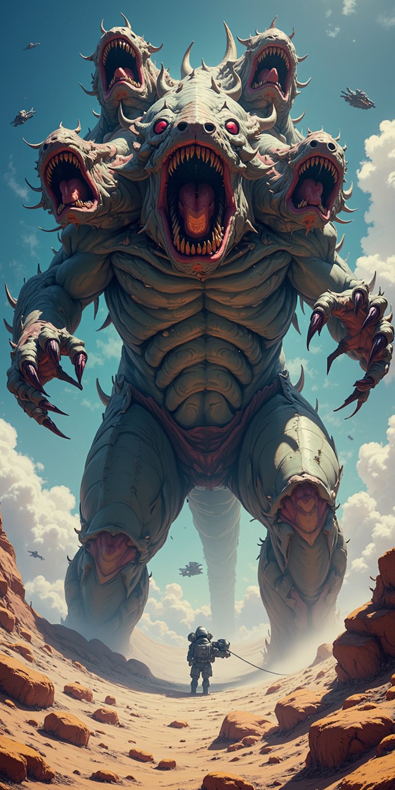 A grotesque amalgamation of alien and monster,  with four heads screeching,  its claws digging into a barren alien planet...