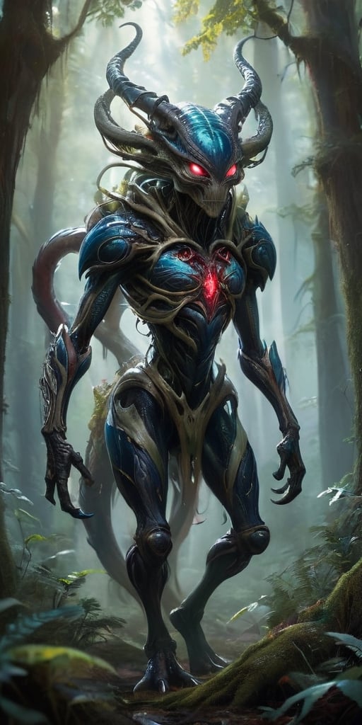 In the heart of a dense,  alien forest,  a monstrous alien hybrid stalks through the undergrowth. Its body is covered in t...