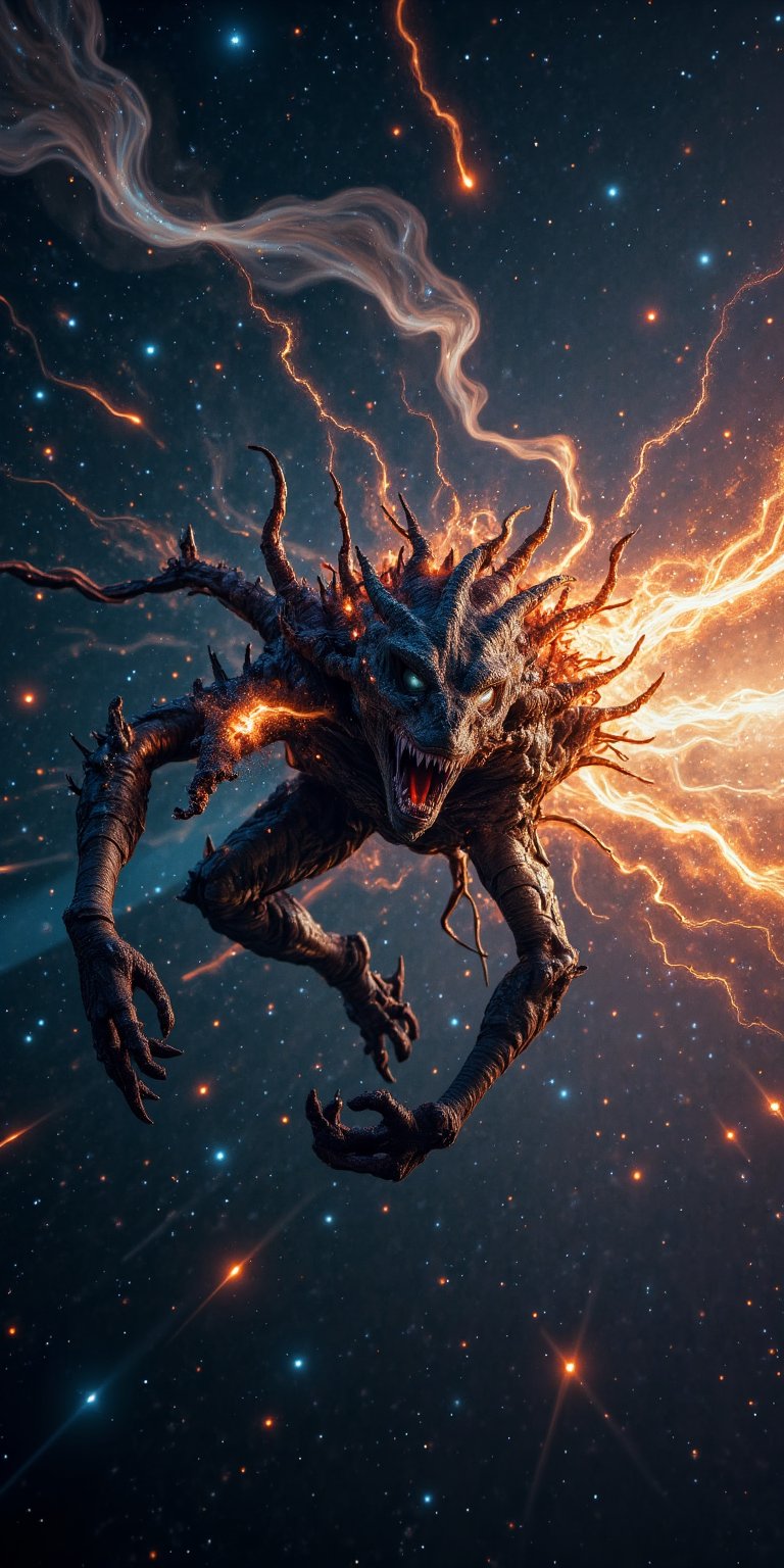 A terrifying alien beast with comet-like trails of energy emanating from its body,  racing through the starry expanse. The...