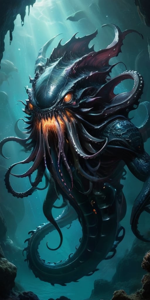 The Abyssal Leviathan Deep beneath the waves of a blackened sea,  where the waters teem with alien life forms,  swims a co...