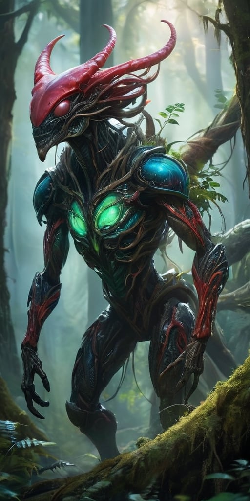 In the heart of a dense,  alien forest,  a monstrous alien hybrid stalks through the undergrowth. Its body is covered in t...