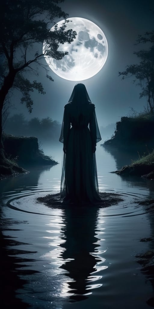 Peer into a forgotten well,  its surface reflecting a distorted image of the full moon. A spectral figure emerges from the...