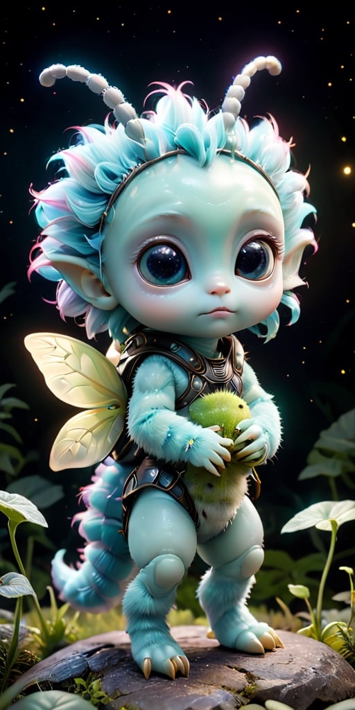 A baby alien with a furry,  caterpillar-like body and large,  soulful eyes that blink slowly. It has tiny by Caption Maste...