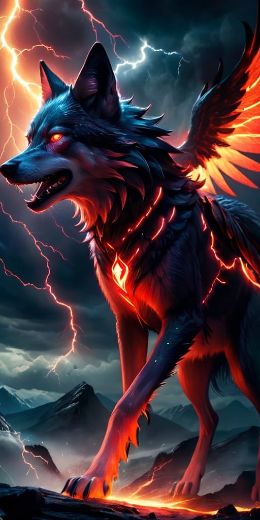 A pack of winged wolf-like creatures with glowing red eyes soar through a raging electrical storm. Their fur crackles with...