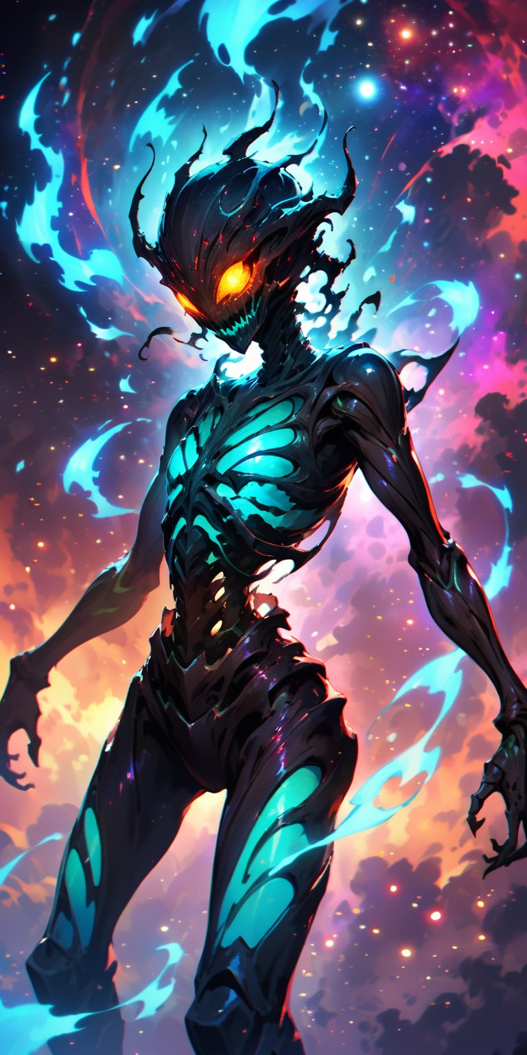 Nebula Fiend:A terrifying alien fiend with a skeletal frame and glowing,  fiery eyes,  emerging from the colorful gases of...
