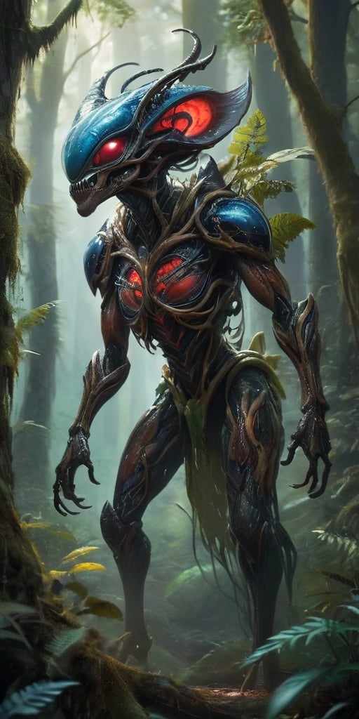 In the heart of a dense,  alien forest,  a monstrous alien hybrid stalks through the undergrowth. Its body is covered in t...
