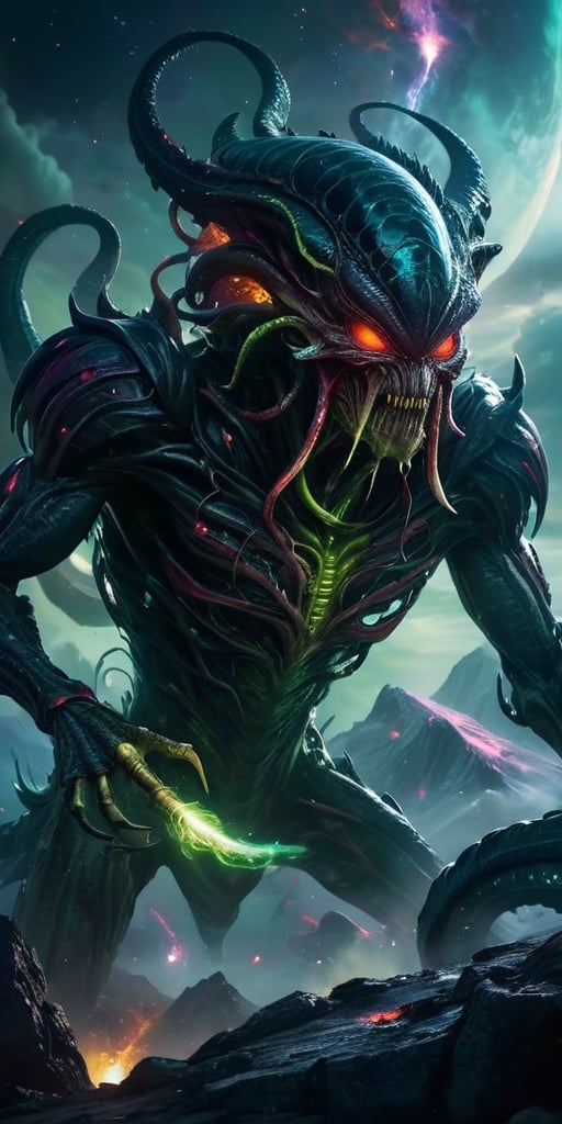 Create an image of a dangerous alien monster in space,  towering over a desolate alien landscape with dark,  armored scale...