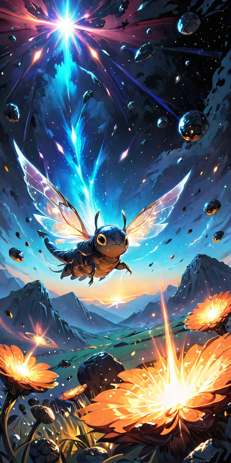 Galactic Horror Swarm:A swarm of small,  agile alien creatures with translucent wings and sharp fangs,  flying through a f...