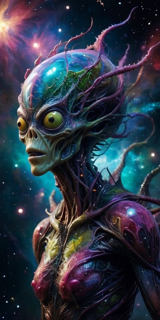 Amidst the cosmic backdrop of a distant star cluster,  a horrifying creature takes shape,  blending alien and monstrous fe...