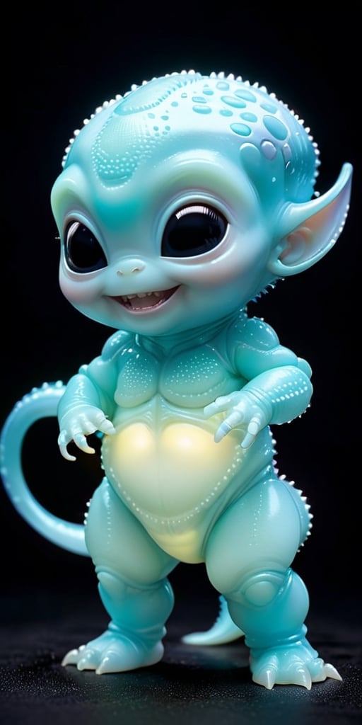 An alien infant with skin that is covered in tiny,  bioluminescent spots that glow softly in the dark. It has a round,  ch...