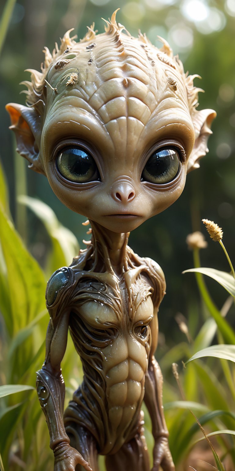 Amid the tall,  swaying grasses of an alien savanna,  a baby alien with mottled by Caption Master on Tensor.Art