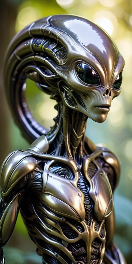 A humanoid alien with metallic skin that constantly shifts and changes colors,  camouflaging it in its surroundings. Its l...