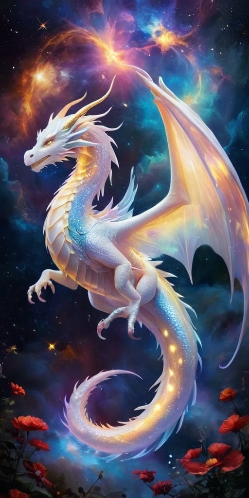 A celestial dragon,  its body a luminous pearl white,  shimmering with the light of distant stars. Its wings are expansive...