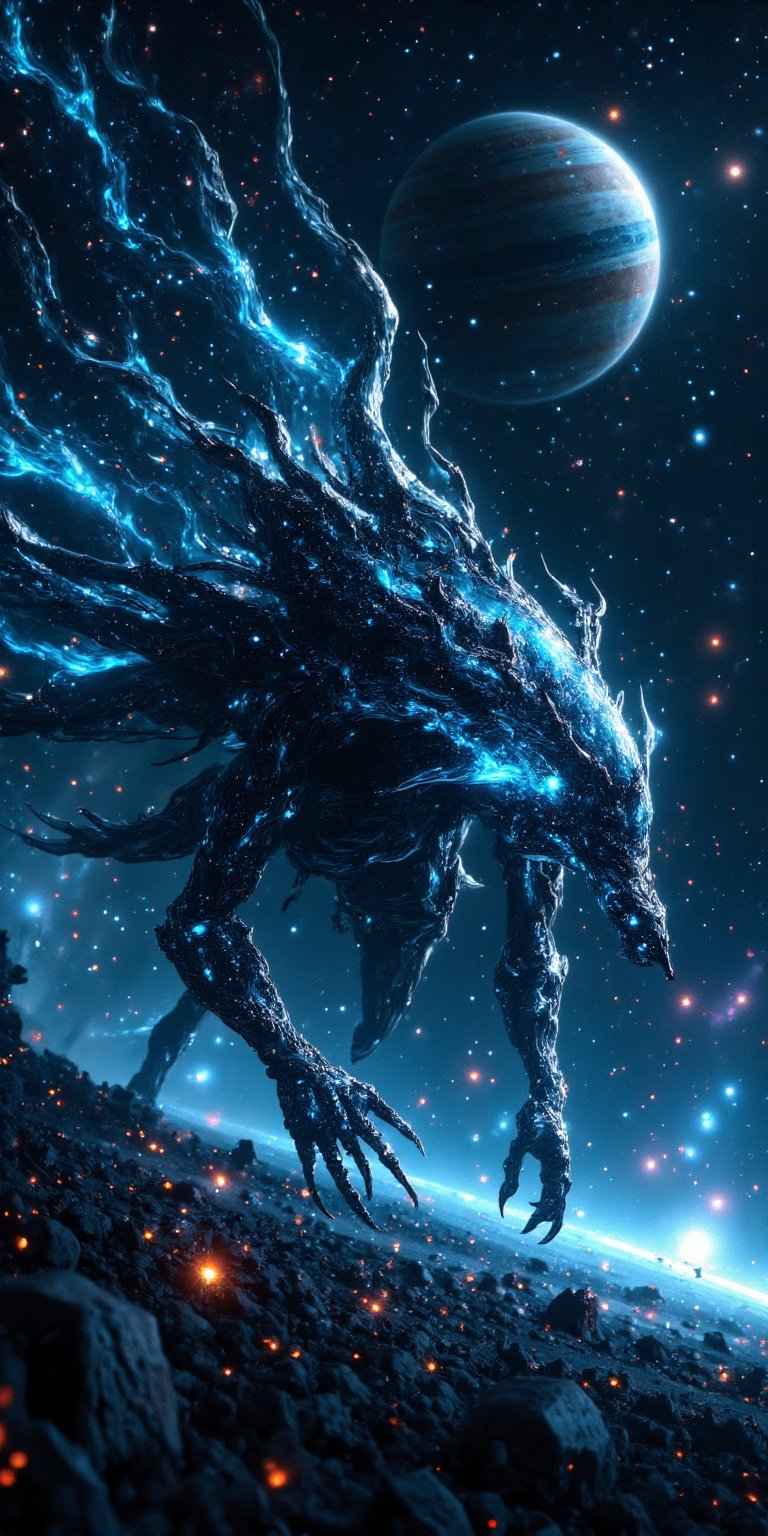 A sleek,  alien predator with bioluminescent markings and razor-sharp claws,  stalking through a dense field of stars. The...