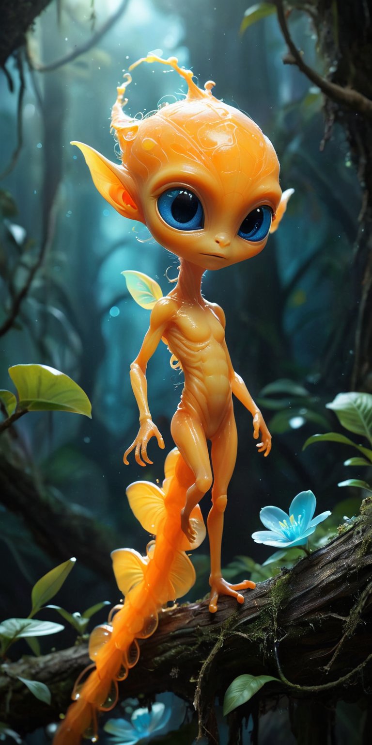 On the branch of a bioluminescent tree,  a baby alien with bright orange skin and a long,  prehensile tail balances effort...