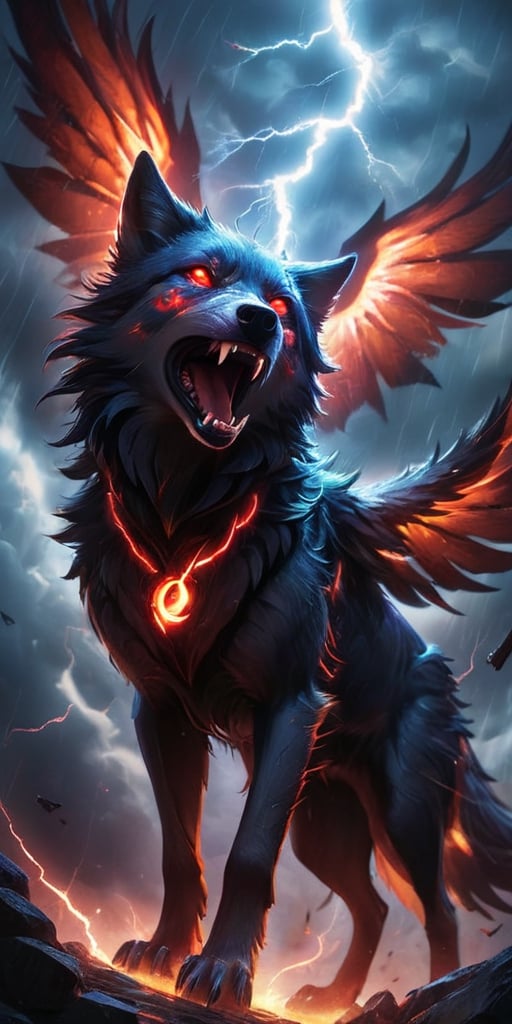 A pack of winged wolf-like creatures with glowing red eyes soar through a raging electrical storm. Their fur crackles with...