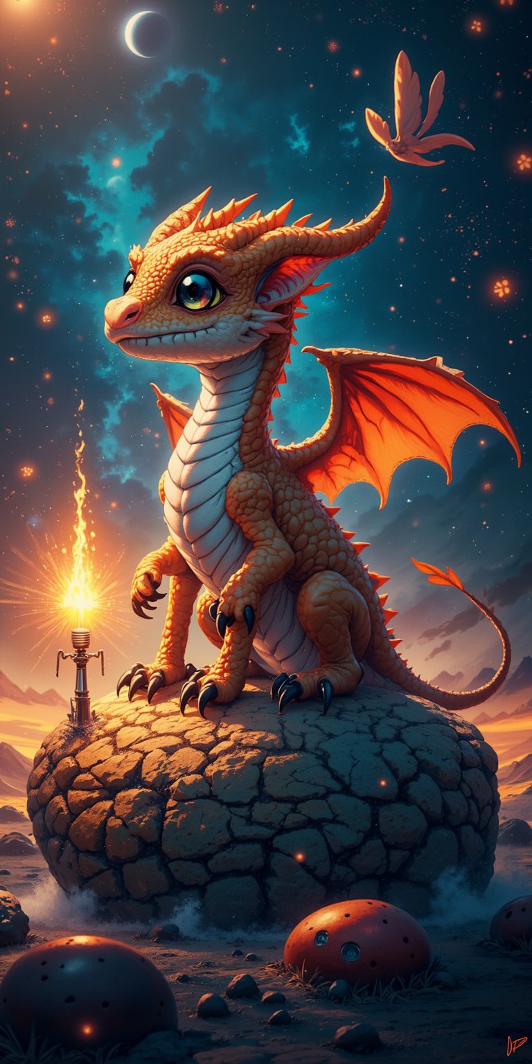 Galactic Guardian A baby dragon stands vigilant on a small planetoid,  guarding an ancient,  alien artifact that pulses wi...