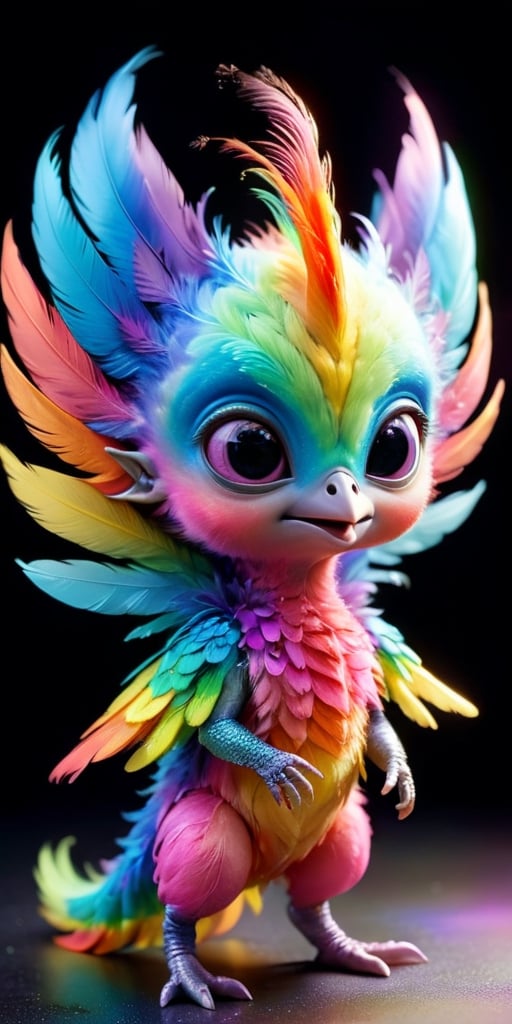 An alien infant with a body that is covered in soft,  downy feathers that shimmer with a rainbow of colors. It has a small...