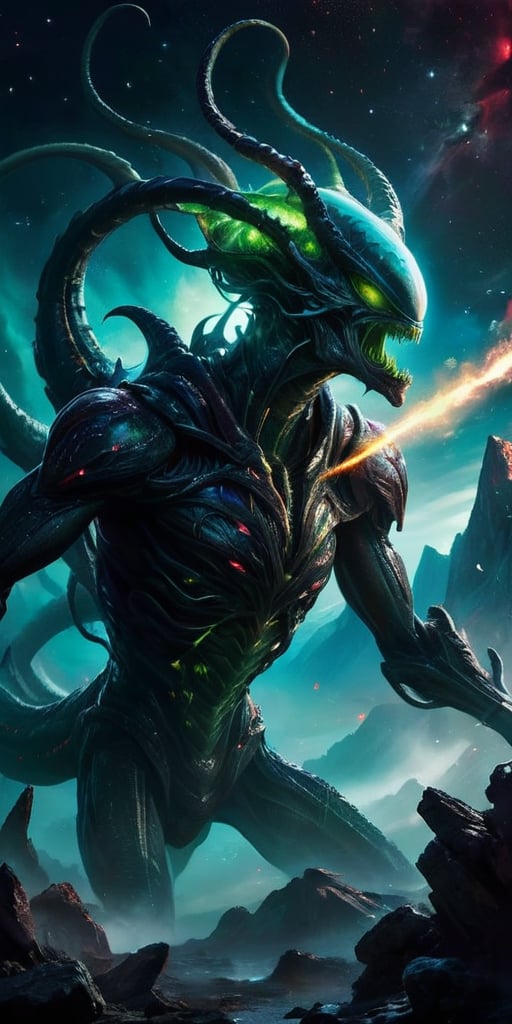 Create an image of a dangerous alien monster in space,  towering over a desolate alien landscape with dark,  armored scale...