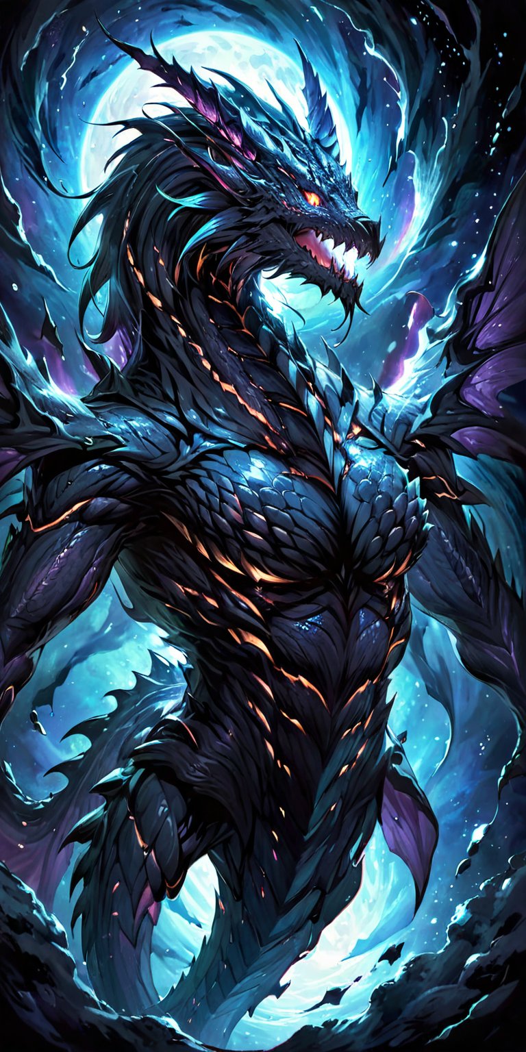  Space Leviathan A colossal alien beast resembling a mix between a dragon and a deep-sea creature, with scales that reflect the starlight. Its mouth opens wide, revealing rows of jagged teeth as it swims through the void of space, devouring anything in its path.
