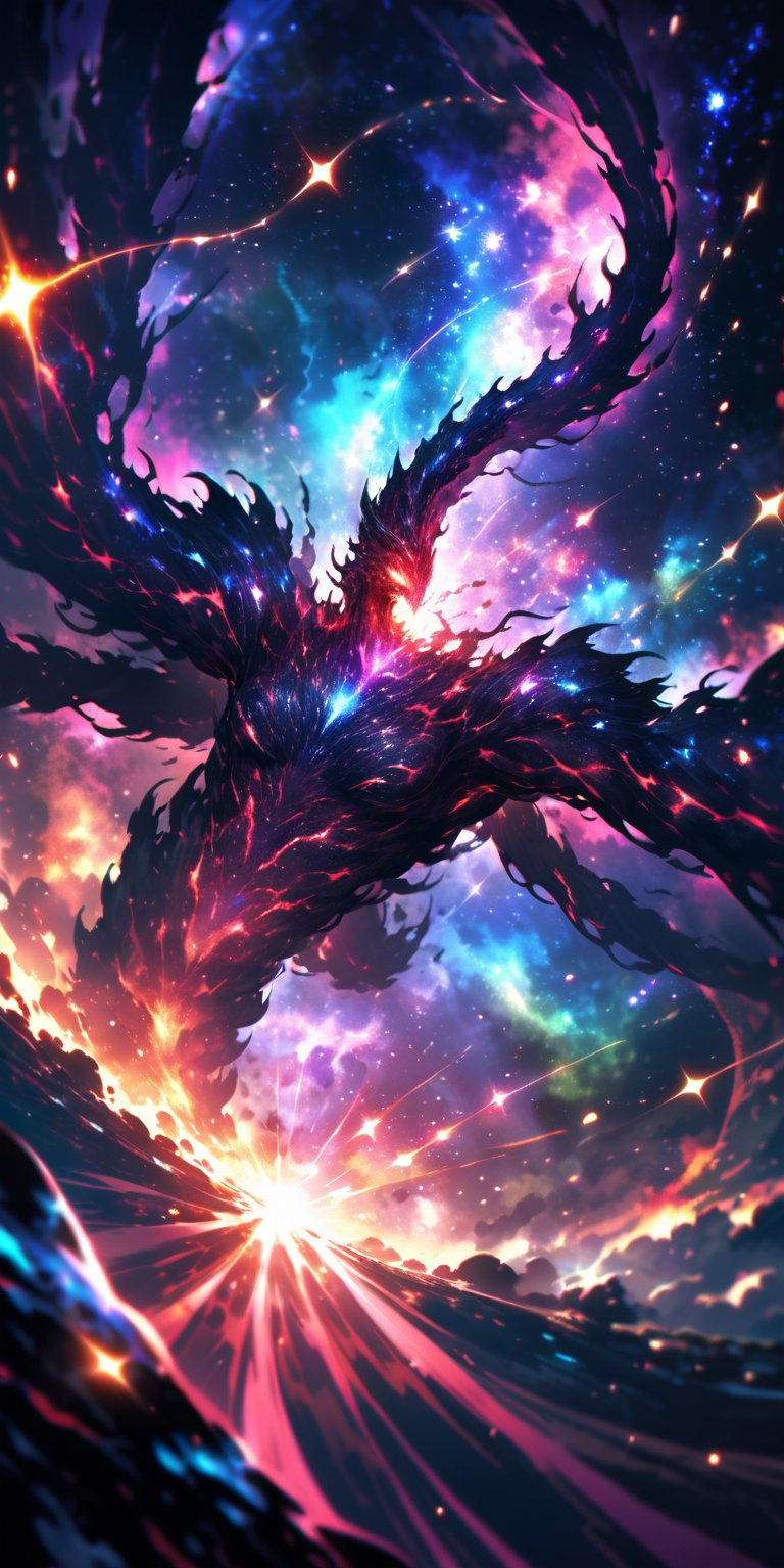 Galactic Hydra:A multi-headed alien hydra with glowing eyes and serpentine necks,  slithering through space. The backdrop...