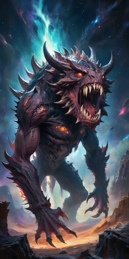 A massive,  multi-eyed behemoth with razor-sharp spines covering its body,  floating menacingly in the vastness of space b...