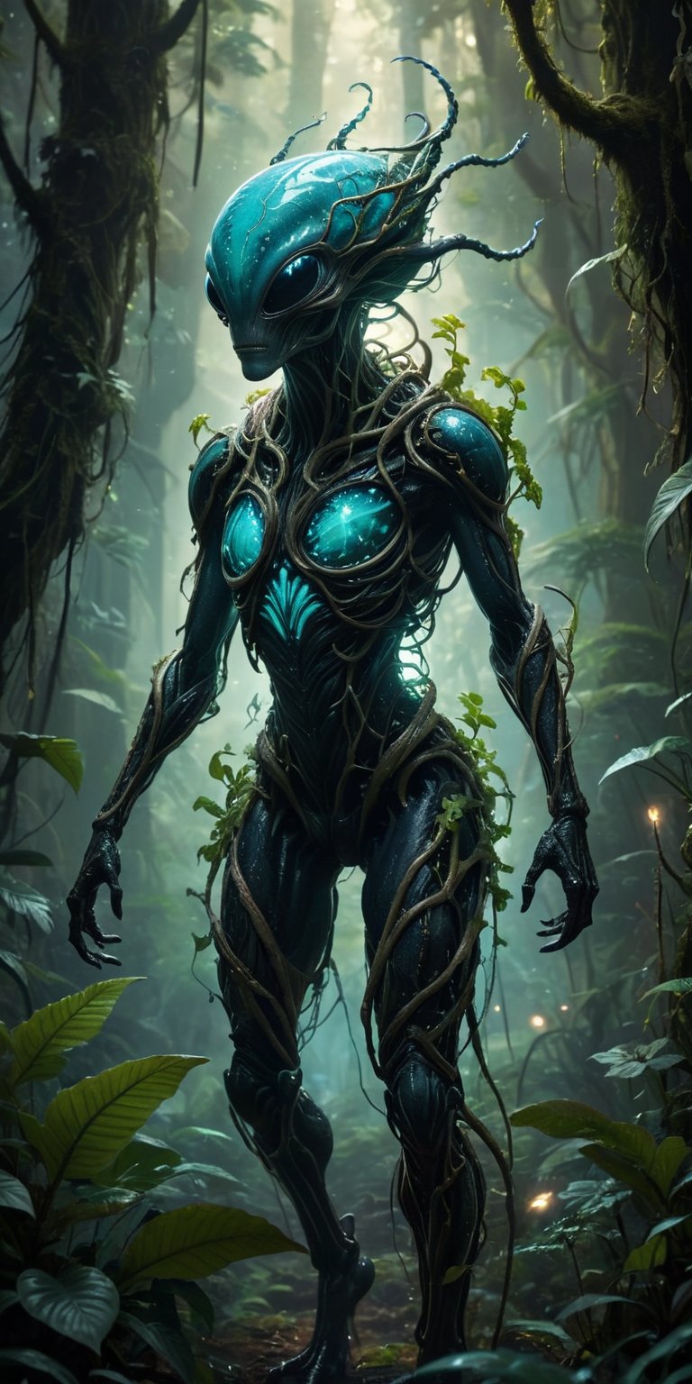 A lush,  bioluminescent forest teems with hidden dangers. A spindly alien with glowing spores stalks a monstrous,  plant-l...