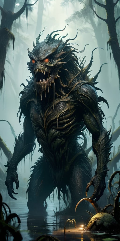 Vicious Swamp Beast A monstrous creature emerging from the murky depths of a swamp. Its body is covered in dark,  slimy sc...