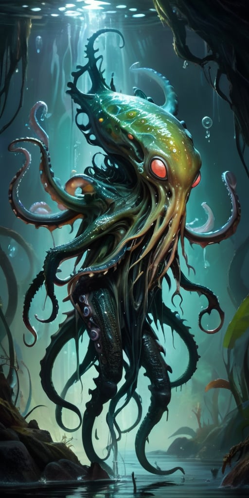 Rising from the dark waters of an alien marsh,  a nightmarish alien creature with a cephalopod-like body and reptilian lim...
