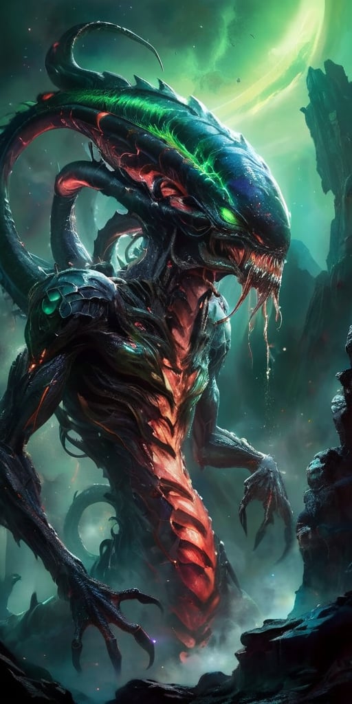 Create an image of a dangerous alien monster in space,  towering over a desolate alien landscape with dark,  armored scale...