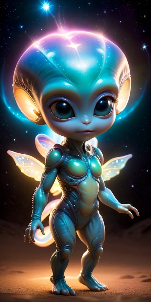 A baby alien with a body that is composed entirely of light. It emits a soft,  gentle glow that illuminates its surroundin...