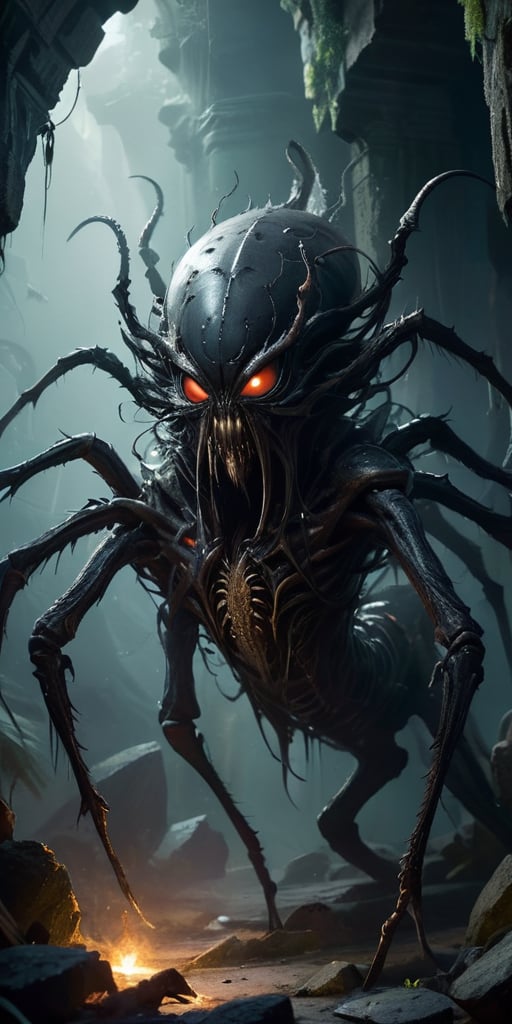 Lurking in the shadows of a crumbling,  ancient temple,  a horrifying alien creature with a spider-like body and a human-l...