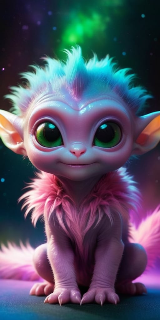 A baby alien with fur that changes color depending on its mood,  ranging from a soft pink when it's content to a vibrant g...