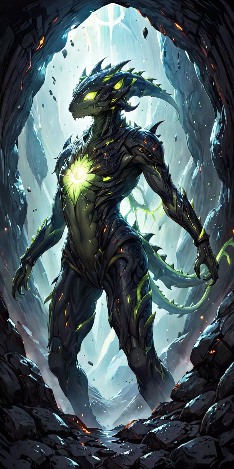 Galactic Terror A sinister alien creature with glowing green eyes, elongated limbs, and a body covered in spiky protrusions. It lurks within a dense asteroid field, waiting to ambush unsuspecting space travellers.
