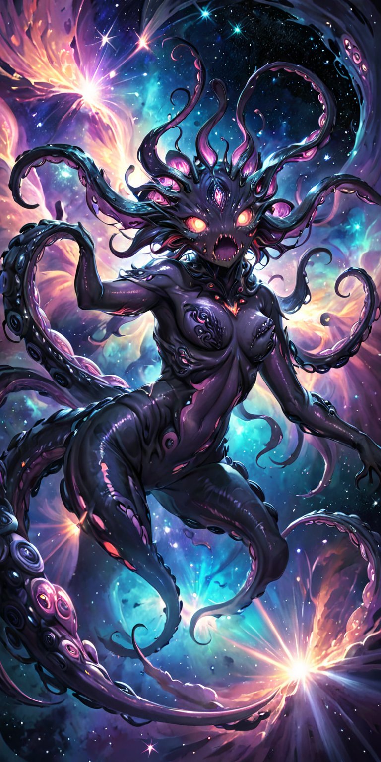 Galactic Abomination:A hideous alien abomination with multiple eyes,  tentacles,  and a distorted body by Caption Master o...