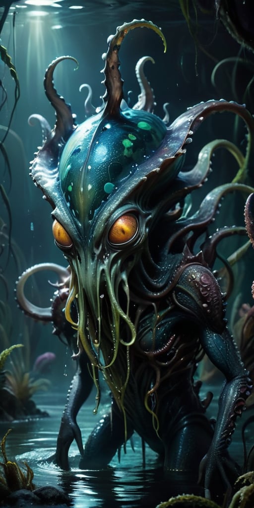 Rising from the dark waters of an alien marsh,  a nightmarish alien creature with a cephalopod-like body and reptilian lim...