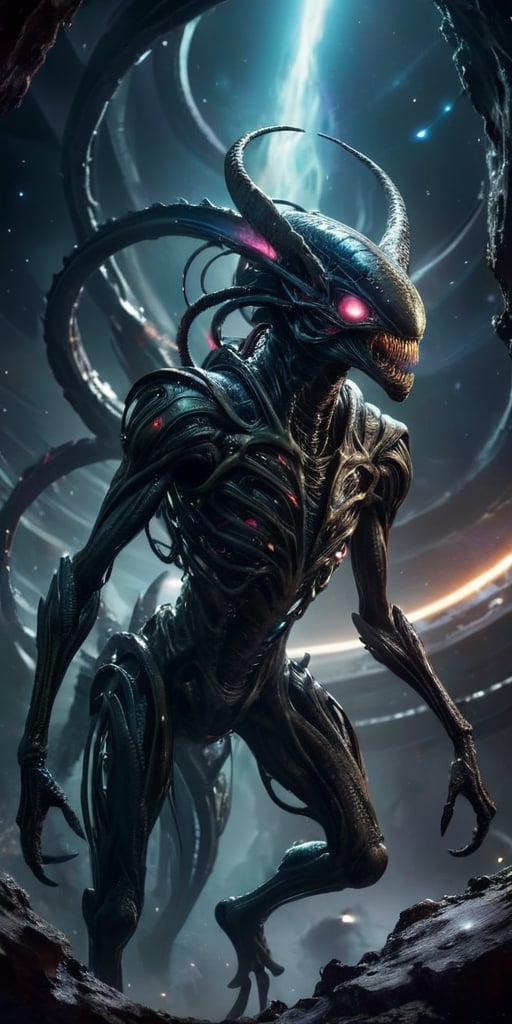 A nightmarish,  hybrid creature emerges from the shadows of a derelict spaceship,  floating in the void of space. Its body...