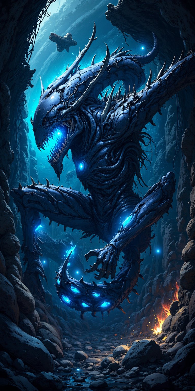 A biomechanical alien-monster hybrid, covered in sharp exoskeletons and glowing with an eerie blue light, slithering through the remains of a destroyed spaceship in the blackness of space.,Anime Style