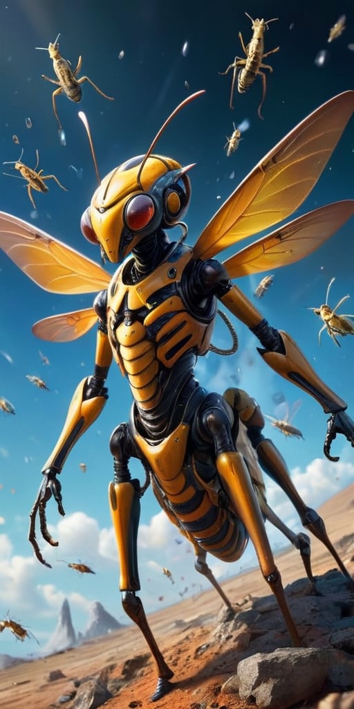 A swarm of small,  insect-like creatures with crystalline exoskeletons,  swarming around a disabled spacecraft like a clou...