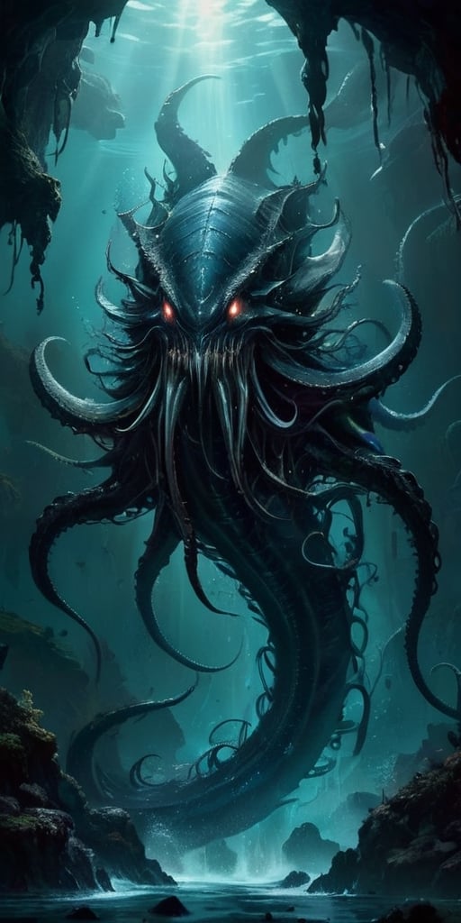 The Abyssal Leviathan Deep beneath the waves of a blackened sea,  where the waters teem with alien life forms,  swims a co...