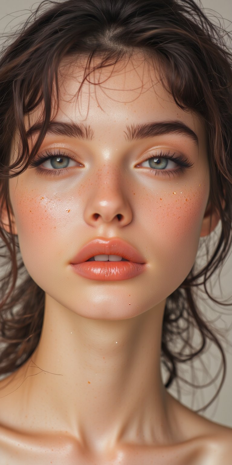 A simple, beautiful portrait of a woman with glowing skin, her face relaxed and framed by loose waves of hair, with soft ambient light falling across her face, and a light, pastel-colored background.


