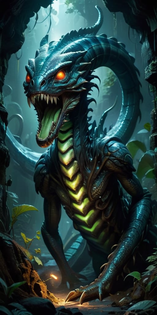 Slithering through the twisting,  narrow tunnels of an underground labyrinth,  a monstrous alien serpent with a chitinous...