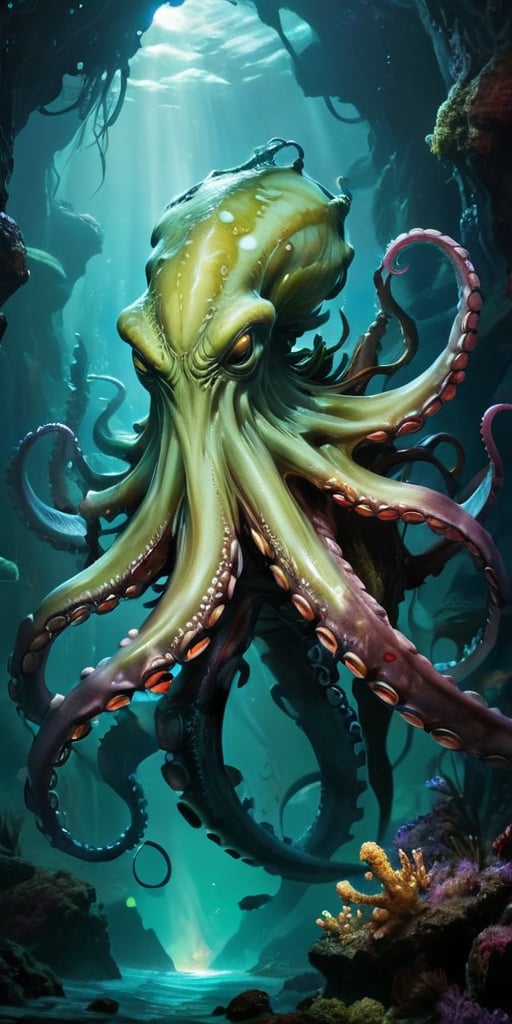 Abyssal Monstrosity A creature with the body of an octopus and the head of a predatory dinosaur,  with tentacles that end...