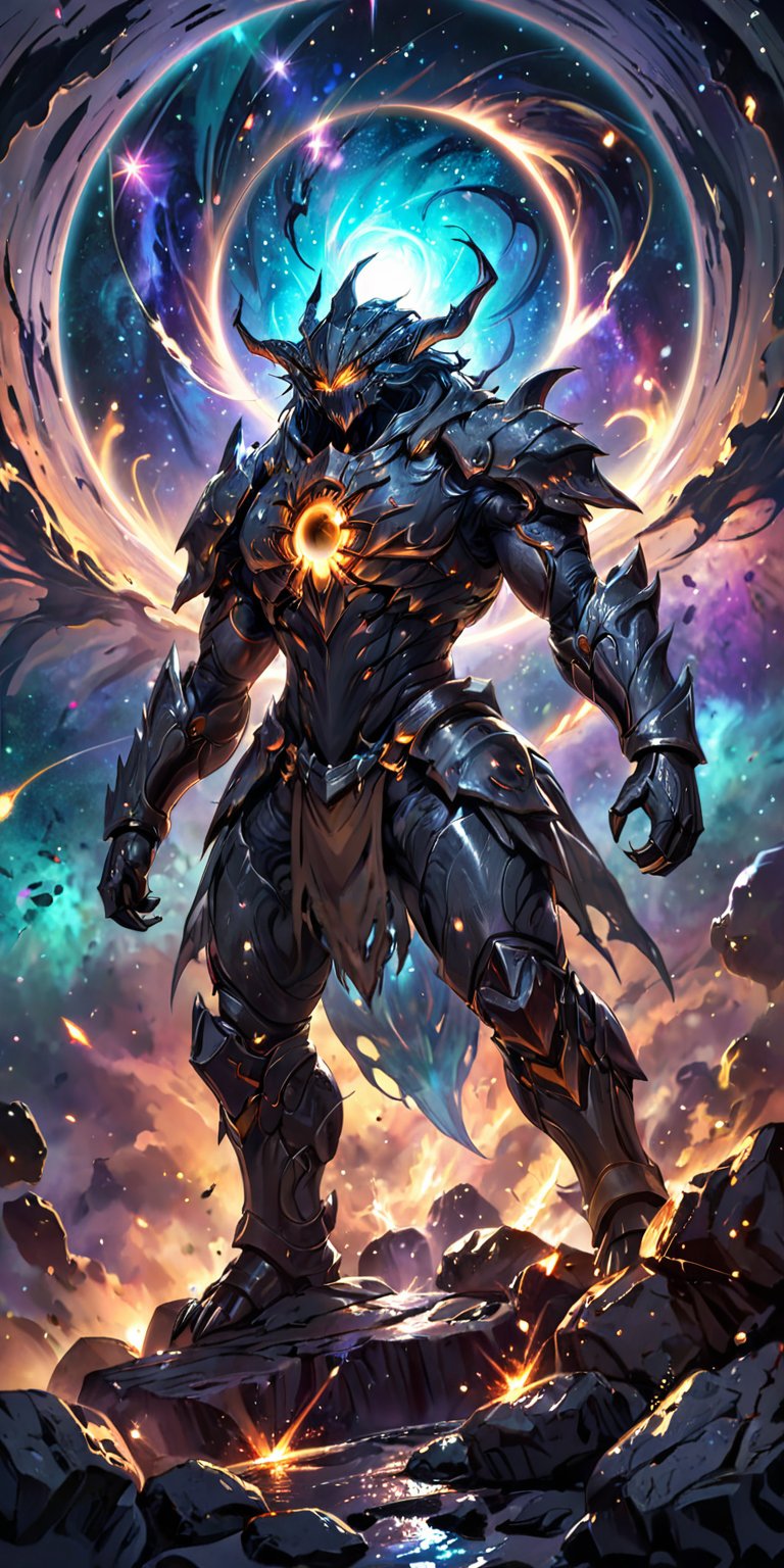 Alien Warlord:A fearsome alien warlord with armored plating and sharp,  clawed hands,  standing on a rocky outcrop in spac...