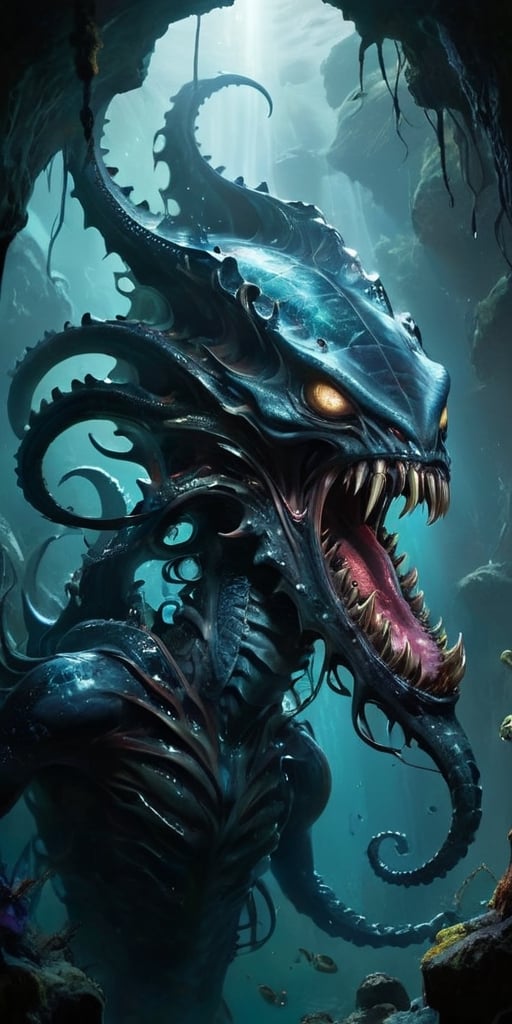 The Abyssal Leviathan Deep beneath the waves of a blackened sea,  where the waters teem with alien life forms,  swims a co...