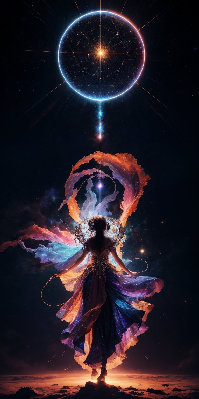 Cosmic Conductor of a Celestial Choir Soaring amidst a swirling vortex of nebulae,  her voice resonates with the primal mu...