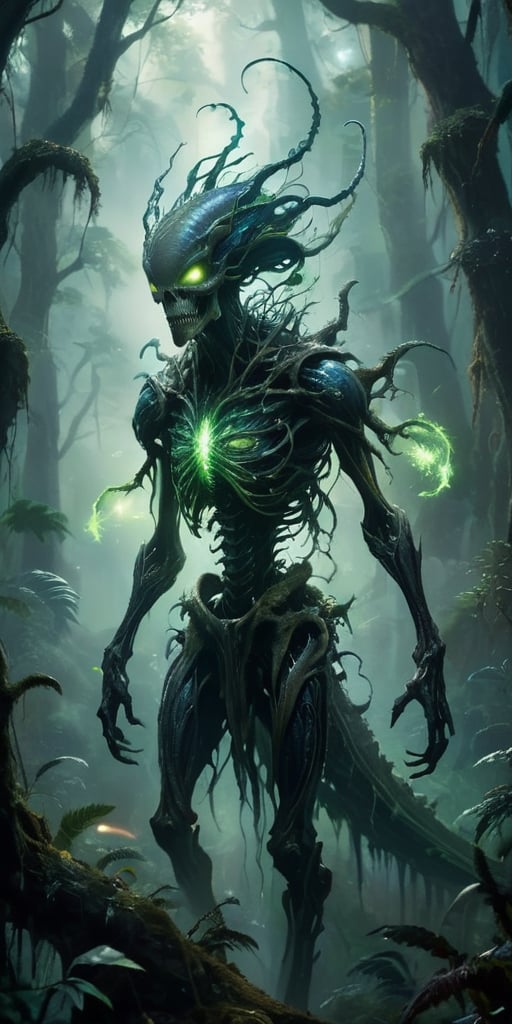 Emerging from a swirling,  ethereal mist,  a monstrous alien creature with a skeletal frame and bioluminescent by Caption...